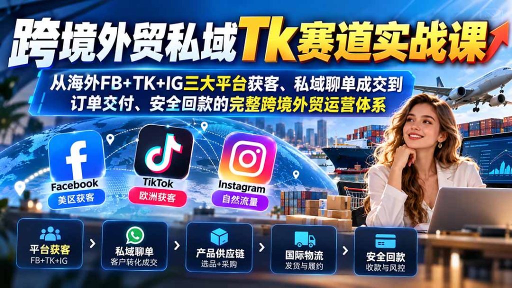 跨境外贸私域Tk赛道实战课：从海外FB+TK+IG三大平台获客、私域聊单成交到订单交付、安全回款的完整跨境外贸运营体系-泱泱学习社