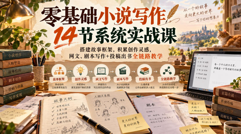 零基础小说写作14节系统实战课,搭建故事框架,积累创作灵感,网文、剧本写作+投稿出书全链路教学-泱泱学习社