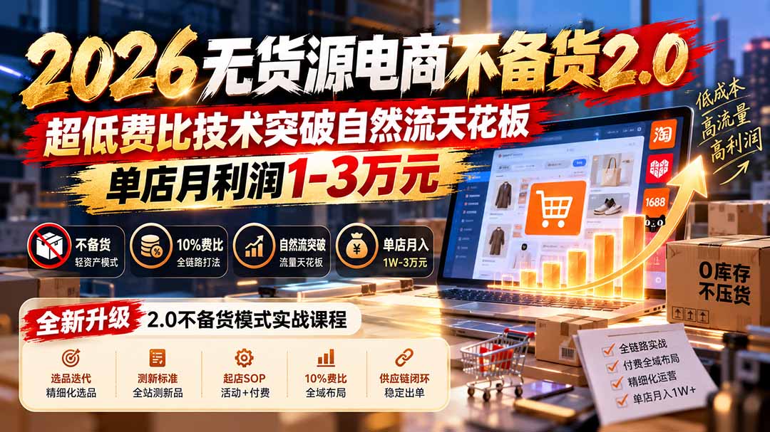 2026无货源电商不备货2.0【更新1010】:超低费比技术突破自然流天花板,单店月利润1-3万元-泱泱学习社