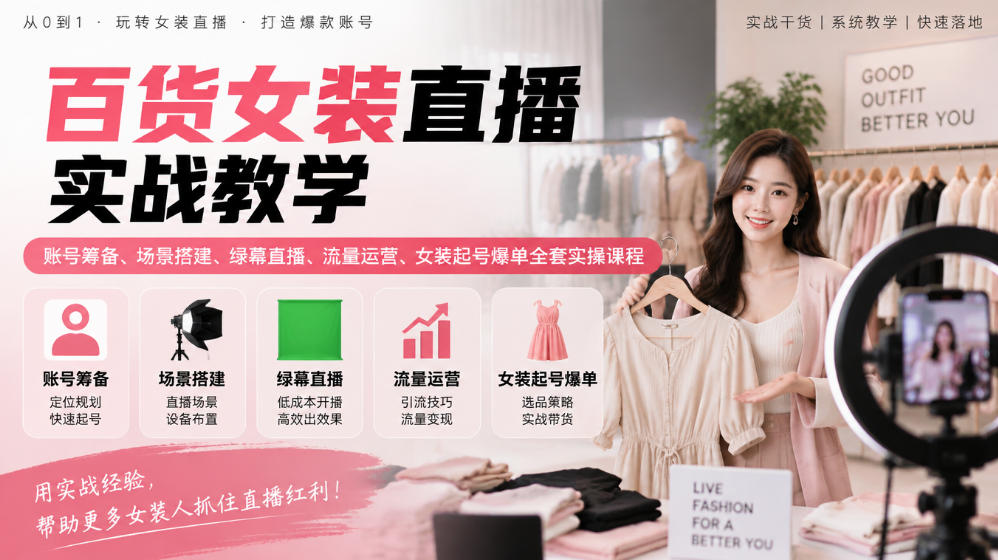 百货女装直播实战教学|账号筹备、场景搭建、绿幕直播、流量运营、女装起号爆单全套实操课程-泱泱学习社