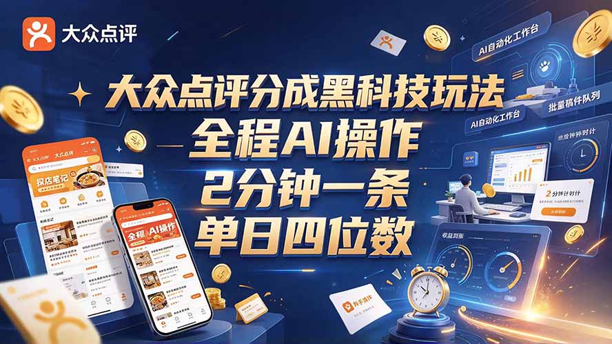 大众点评分成全网独家玩法,AI 全自动出内容,2 分钟一条,小白可冲单日四位数-泱泱学习社