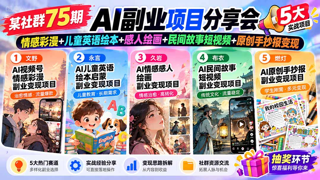 某社群75期AI副业项目分享会：情感彩漫+儿童英语绘本+感人绘画+民间故事短视频+原创手抄报变现-泱泱学习社