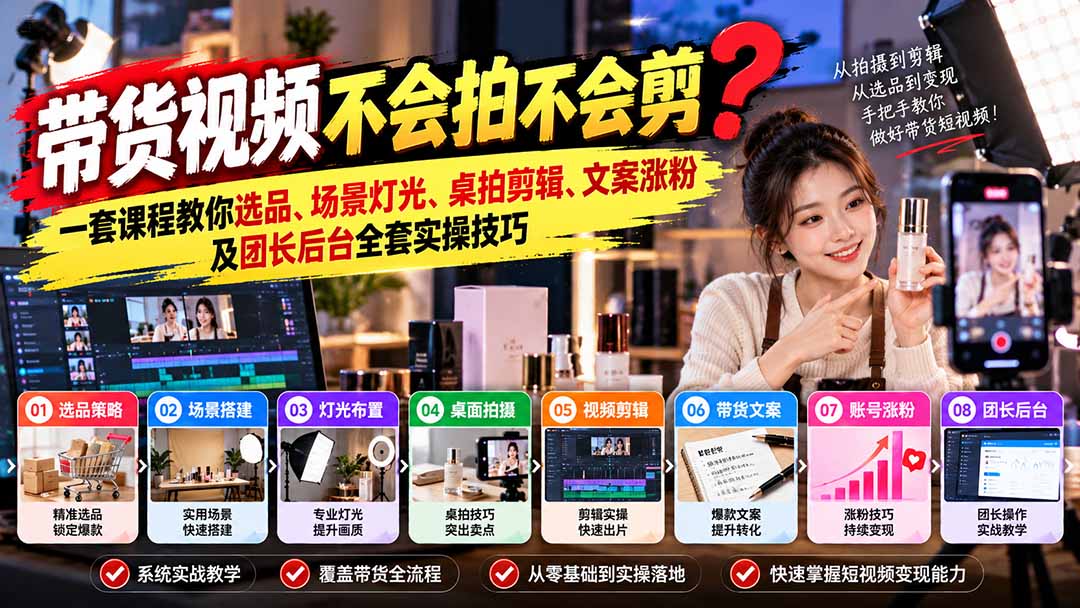 带货视频不会拍不会剪?一套课程教你选品、场景灯光、桌拍剪辑、文案涨粉及团长后台全套实操技巧 复制标题-泱泱学习社