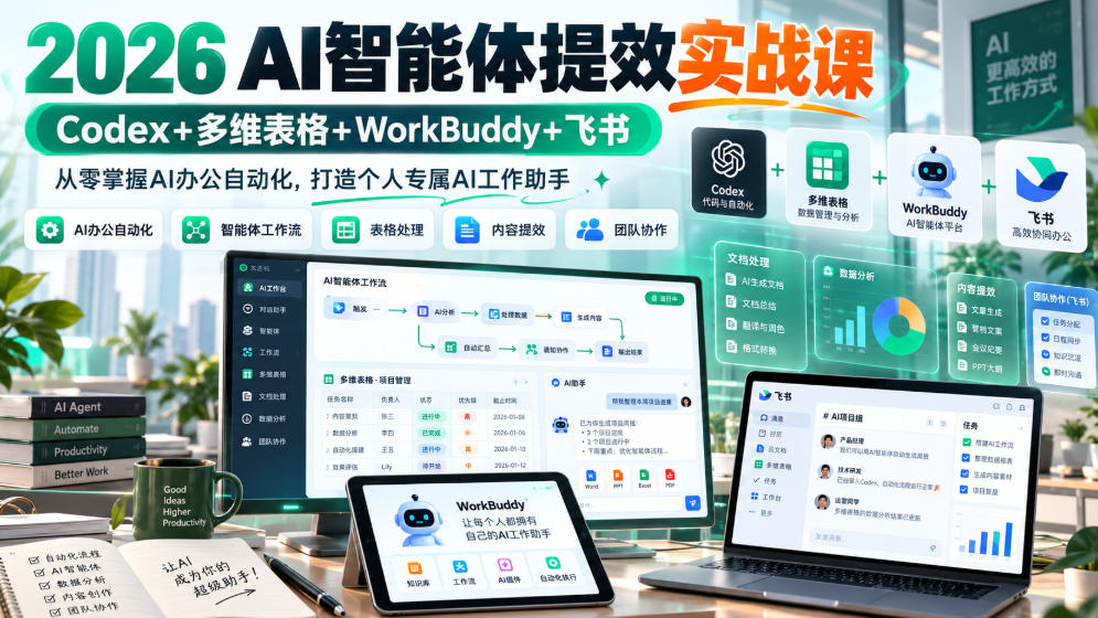 2026 AI智能体提效实战课:Codex+多维表格+WorkBuddy+飞书,从零掌握AI办公自动化,打造个人专属AI工作助手-泱泱学习社