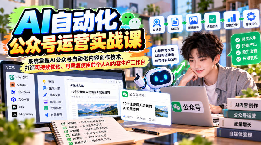 AI自动化公众号运营实战课,系统掌握AI公众号自动化内容创作技术,打造可持续优化、可重复使用的个人AI内容生产工作台-泱泱学习社