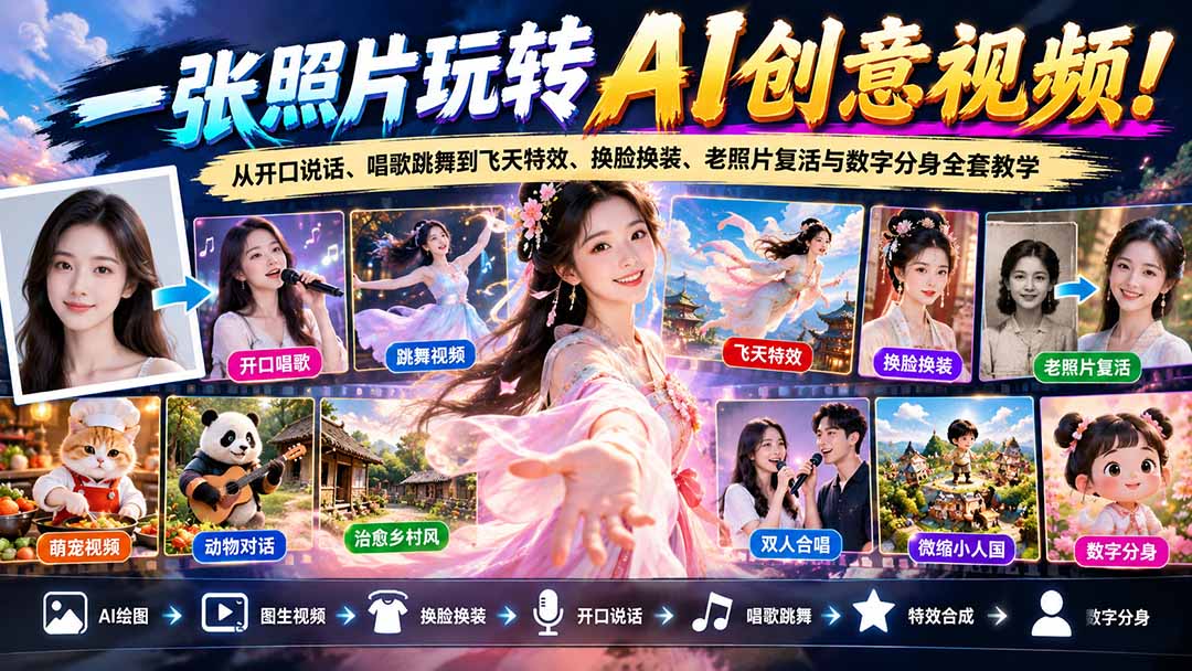 一张照片玩转AI创意视频!从开口说话、唱歌跳舞到飞天特效、换脸换装、老照片复活与数字分身全套教学-泱泱学习社