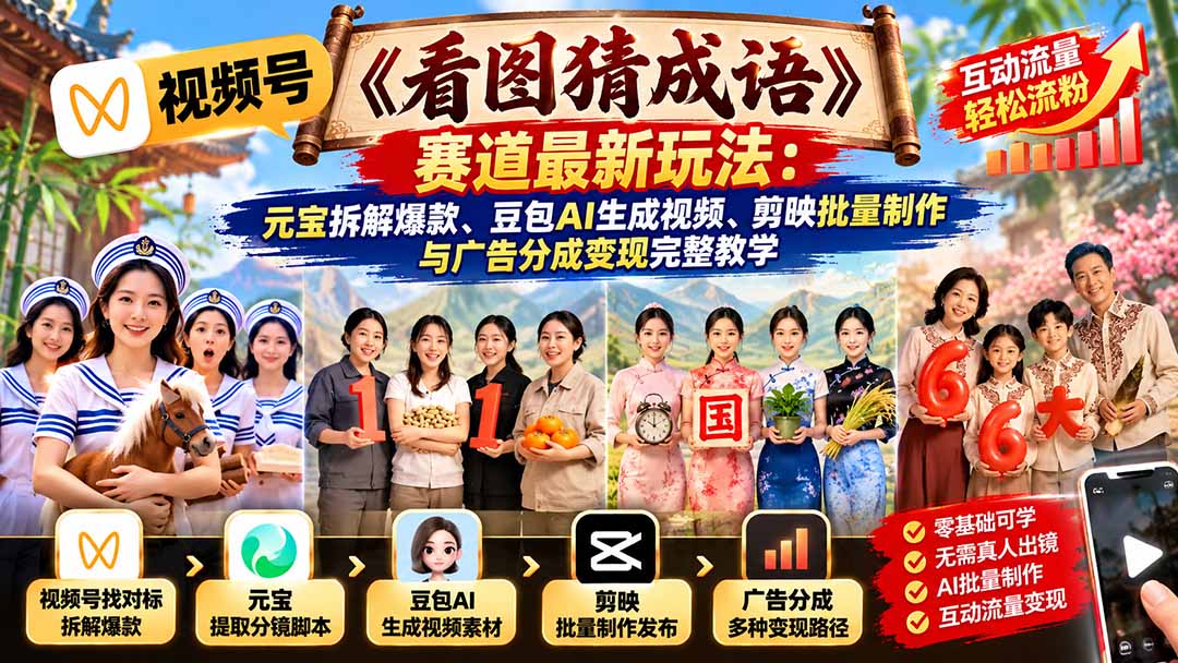 视频号《看图猜成语》赛道最新玩法:元宝拆解爆款、豆包AI生成视频、剪映批量制作与广告分成变现完整教学-泱泱学习社