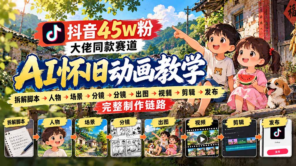 抖音45W粉大佬同款赛道AI怀旧动画教学:拆解脚本→人物→场景→分镜→出图→视频→剪辑→发布完整制作链路-泱泱学习社