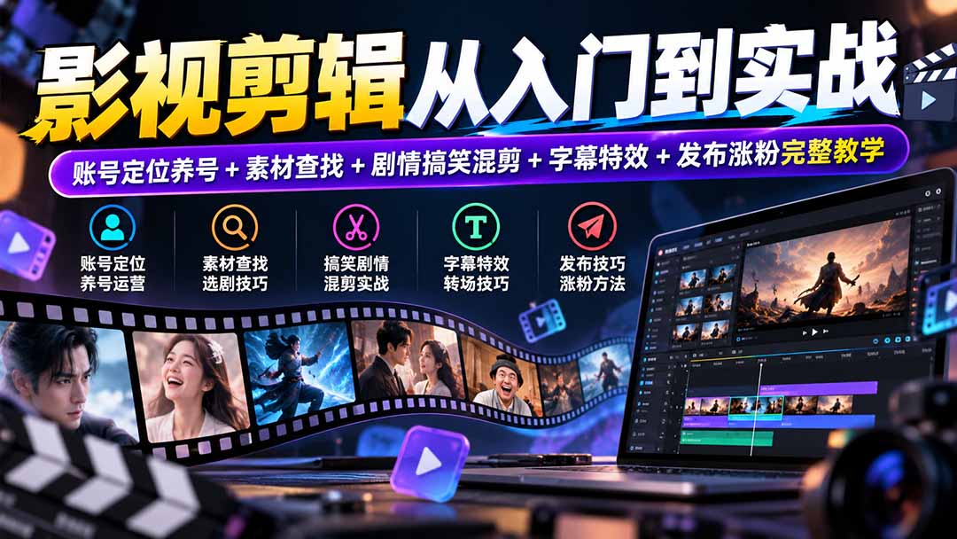 影视剪辑从入门到实战：账号定位养号+素材查找+剧情搞笑混剪+字幕特效+发布涨粉完整教学-泱泱学习社