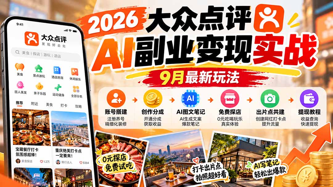 2026大众点评AI副业变现实战9月最新玩法:账号搭建+创作分成+AI图文笔记+免费探店+出片点共建与提现教程-泱泱学习社