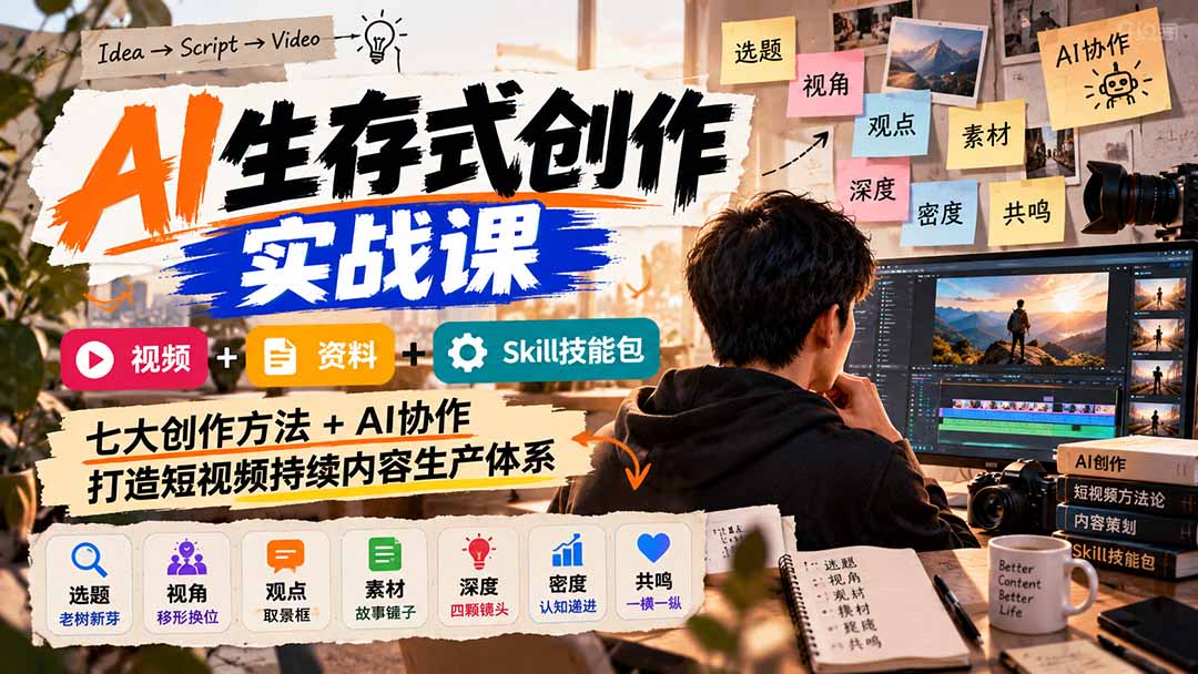 AI生存式创作实战课：视频+资料+Skill技能包，七大创作方法+AI协作，打造短视频持续内容生产体系-泱泱学习社