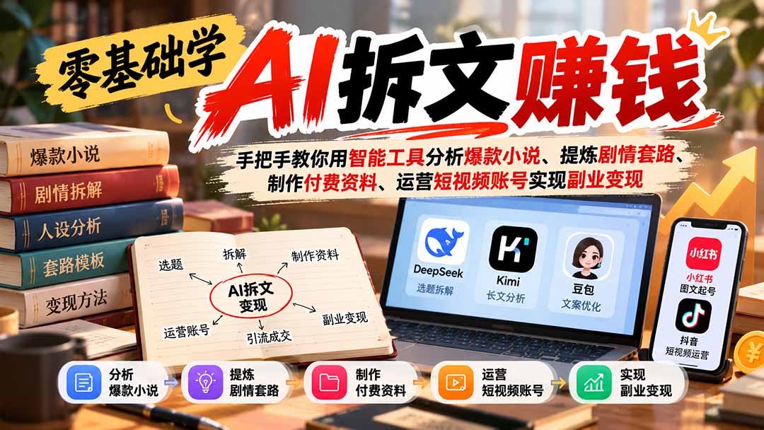零基础学AI拆文赚钱：手把手教你用智能工具分析爆款小说、提炼剧情套路、制作付费资料、运营短视频账号实现副业变现-泱泱学习社