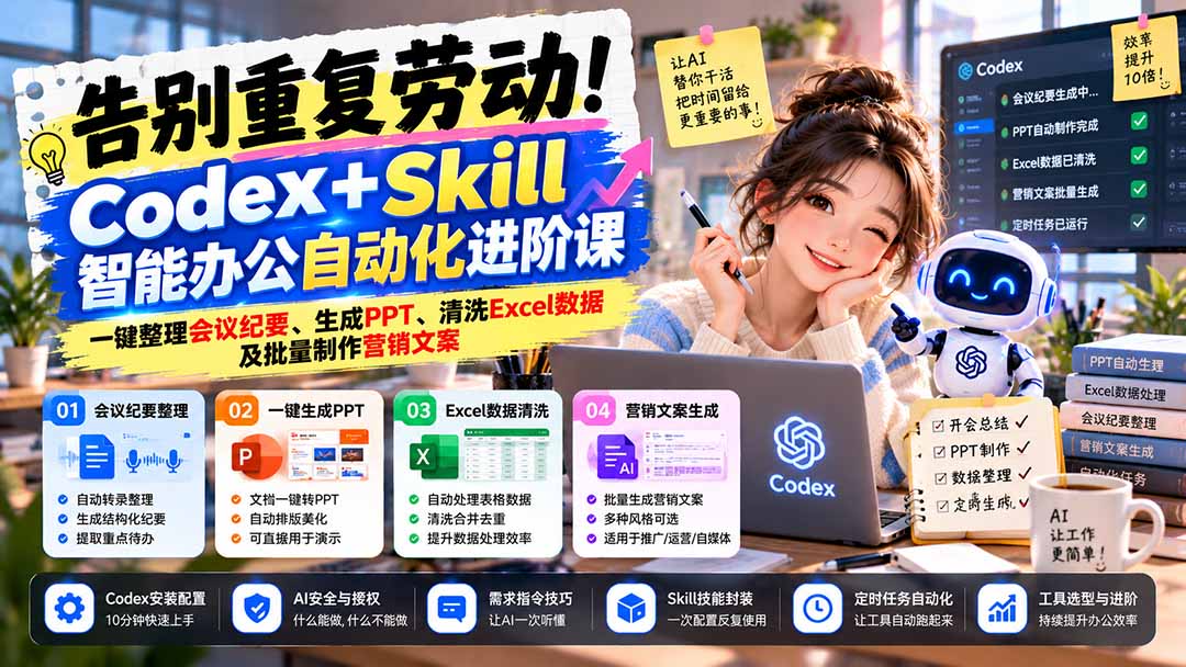 告别重复劳动!Codex+Skill智能办公自动化进阶课:一键整理会议纪要、生成PPT、清洗Excel数据及批量制作营销文案-泱泱学习社