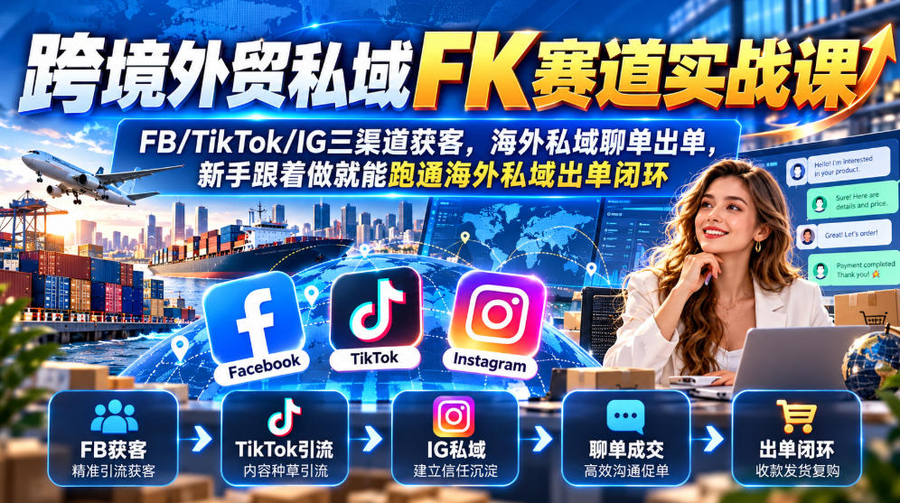 跨境外贸私域FK赛道实战课|FB/TikTok/IG三渠道获客,海外私域聊单出单,新手跟着做就能跑通海外私域出单闭环-泱泱学习社