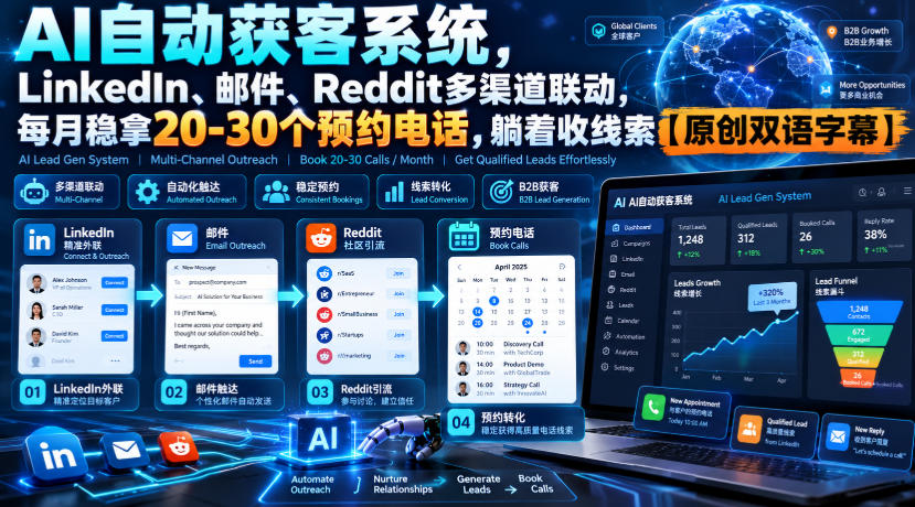 【无水印】AI自动获客系统,LinkedIn、邮件、Reddit多渠道联动,每月稳拿20-30个预约电话,躺着收线索【原创双语字幕】-泱泱学习社