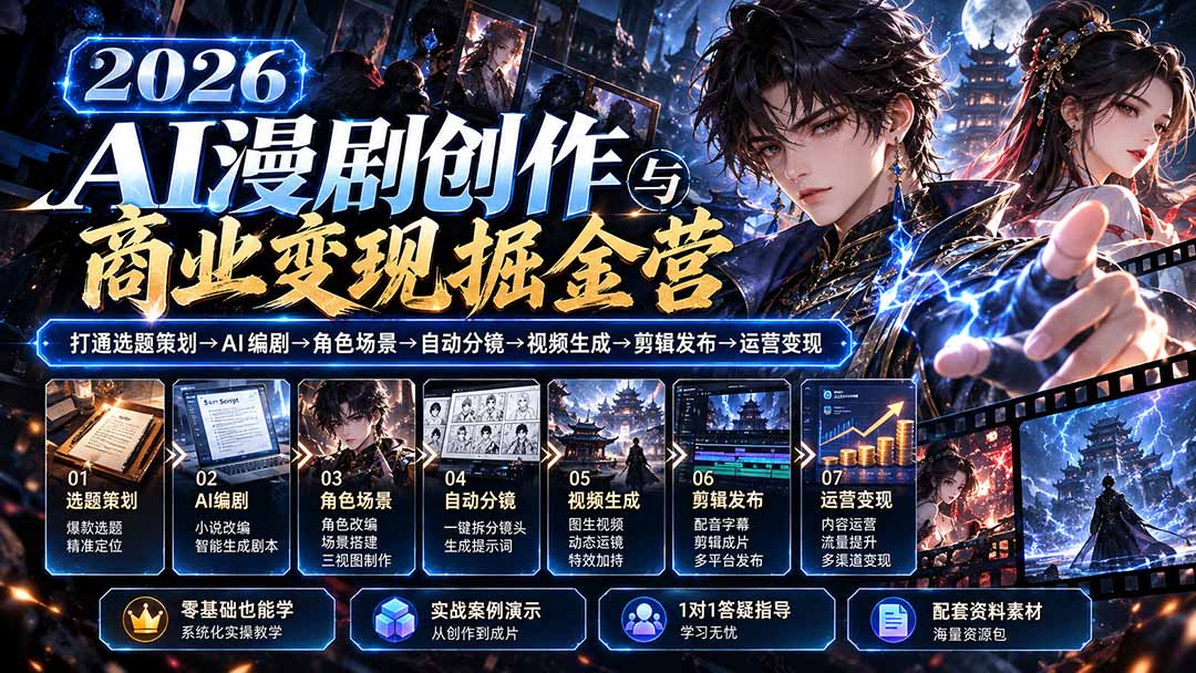 【无水印】2026AI漫剧创作与商业变现掘金营：打通选题→AI编剧→角色场景→自动分镜→视频生成→剪辑发布→运营变现-泱泱学习社
