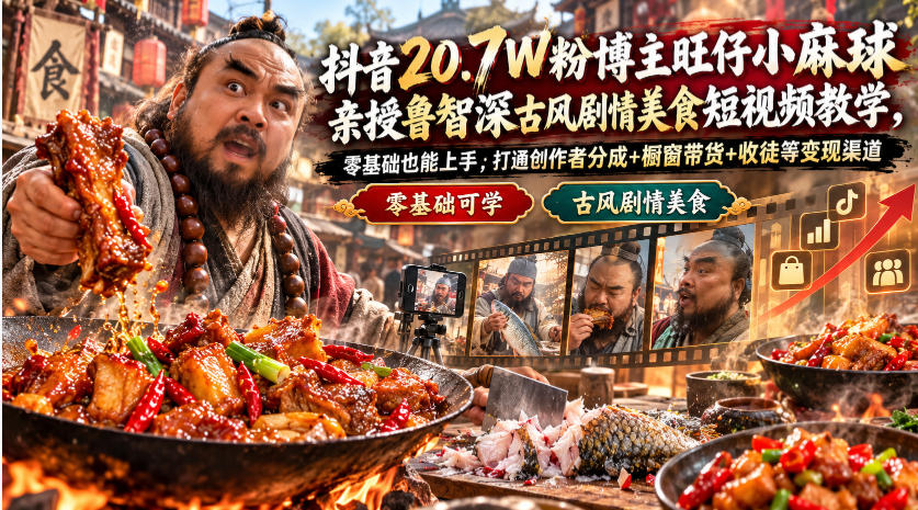 抖音20.7W粉博主旺仔小麻球亲授鲁智深古风剧情美食短视频教学，零基础也能上手，打通创作者分成+橱窗带货+收徒等变现渠道-泱泱学习社