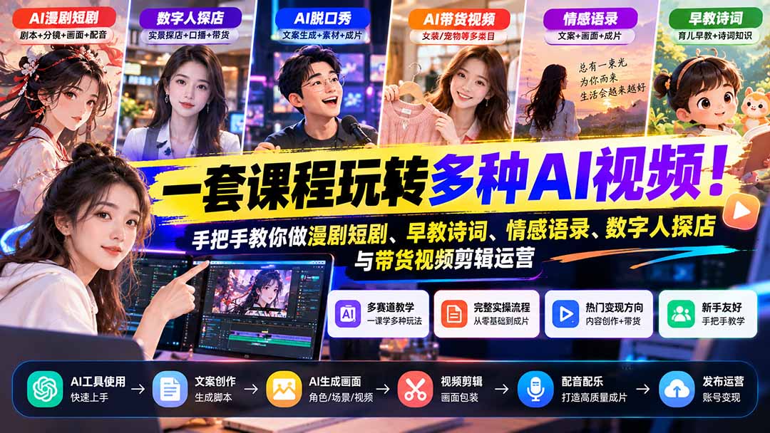 【无水印】一套课程玩转多种AI视频!手把手教你做漫剧短剧、早教诗词、情感语录、数字人探店与带货视频剪辑运营-泱泱学习社