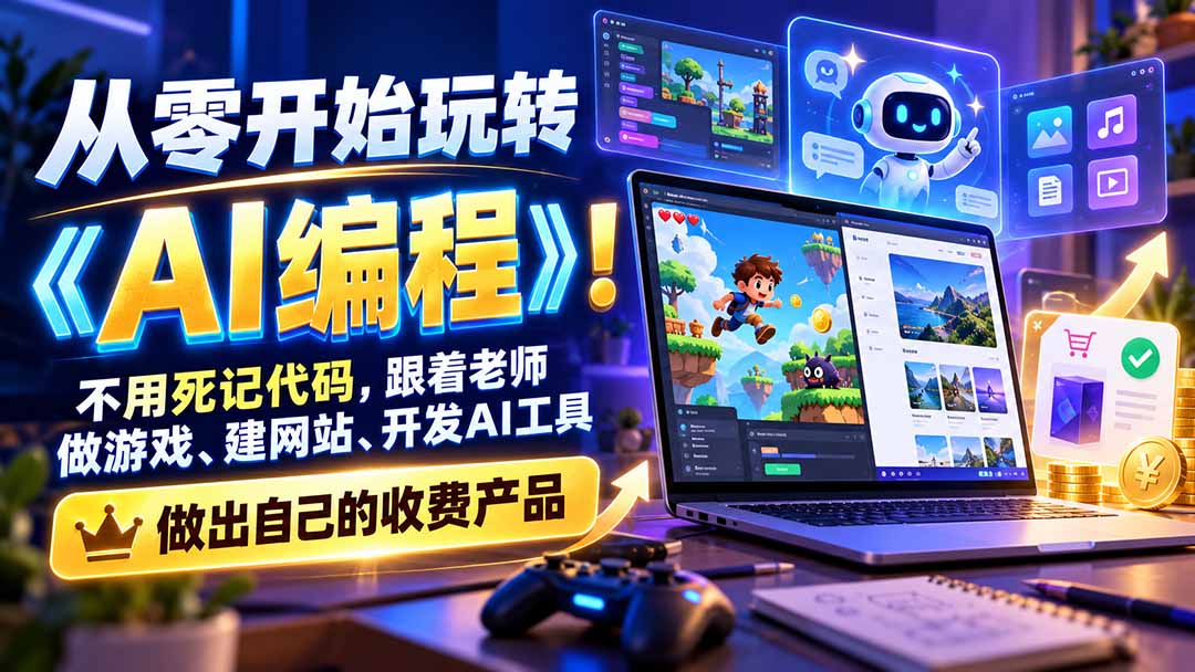 从零开始玩转《AI编程》!不用死记代码,跟着老师做游戏、建网站、开发AI工具,最后完成自己的收费产品-泱泱学习社
