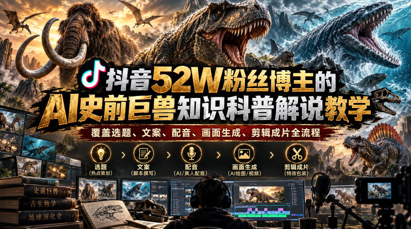 抖音52W粉丝博主的AI史前巨兽知识科普解说教学,覆盖选题、文案、配音、画面生成、剪辑成片全流程-泱泱学习社