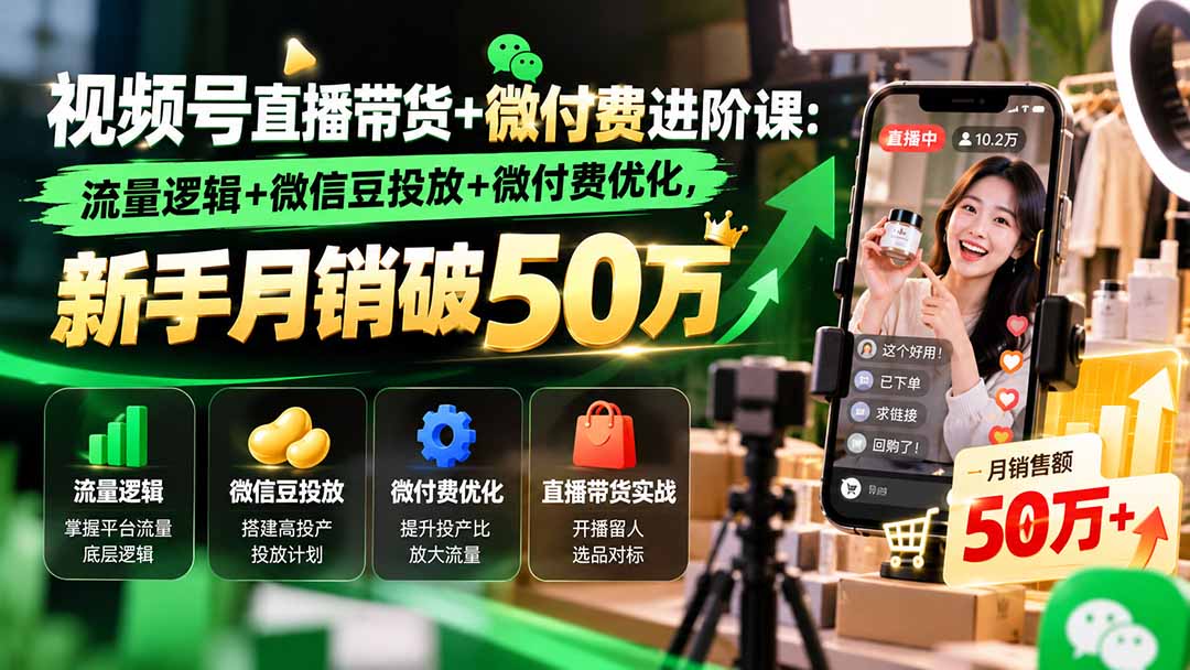 视频号直播带货+微付费进阶课-更新1010：流量逻辑+微信豆投放+微付费优化，新手月销破50万-泱泱学习社