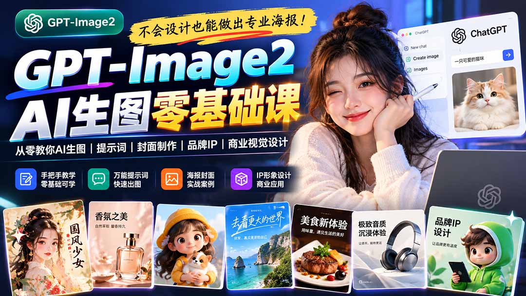 不会设计也能做出专业海报！GPT-Image2从零教你AI生图、提示词、封面制作、品牌IP与商业视觉设计-泱泱学习社