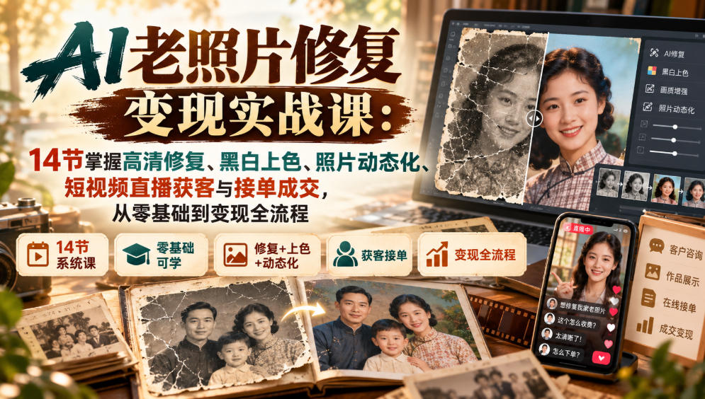 AI老照片修复变现实战课:14节掌握高清修复、黑白上色、照片动态化、短视频直播获客与接单成交,从零基础到变现全流程-泱泱学习社
