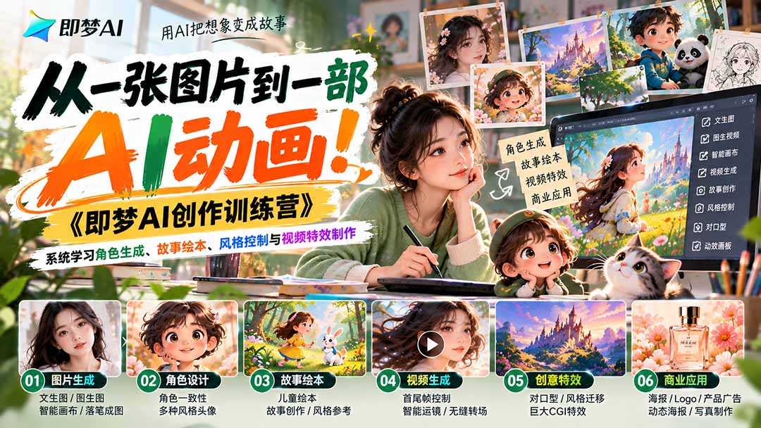 【无水印】从一张图片到一部AI动画!《即梦AI创作训练营》系统学习角色生成、故事绘本、风格控制与视频特效制作-泱泱学习社