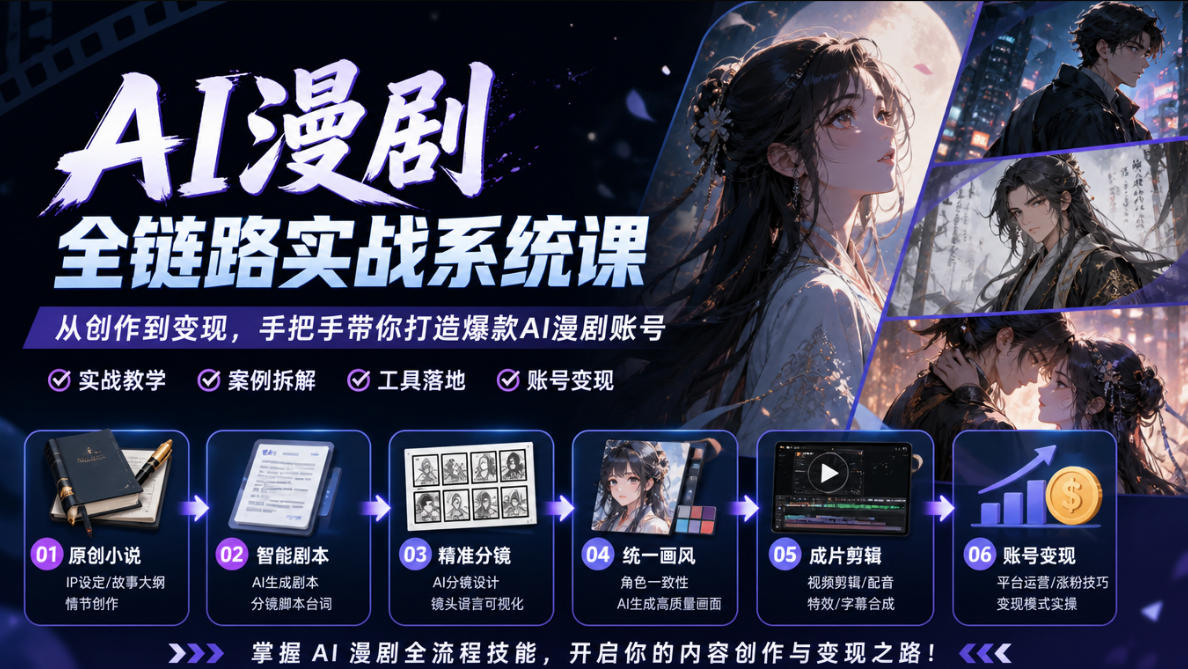 AI漫剧全链路实战系统课|原创小说、智能剧本、精准分镜、统一画风、成片剪辑、账号变现实操教学(更新1018)-泱泱学习社