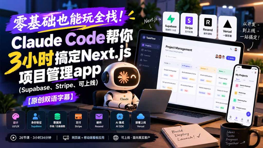 零基础也能玩全栈!Claude Code帮你3小时搞定Next.js项目管理app(Supabase、Stripe、可上线-泱泱学习社