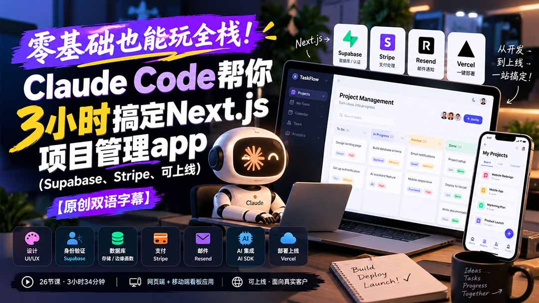 零基础也能玩全栈!Claude Code帮你3小时搞定Next.js项目管理app(Supabase、Stripe、可上线-泱泱学习社