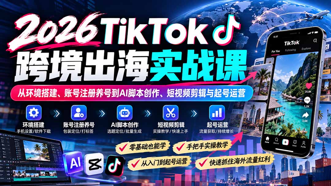 2026TikTok跨境出海实战课:从环境搭建、账号注册养号到AI脚本创作、短视频剪辑与起号运营-泱泱学习社