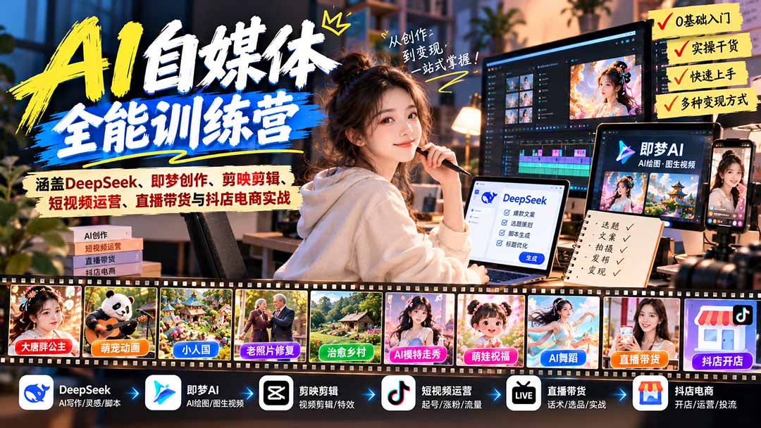 【无水印】AI+自媒体全能训练营:涵盖DeepSeek、即梦创作、剪映剪辑、短视频运营、直播带货与抖店电商实战-泱泱学习社