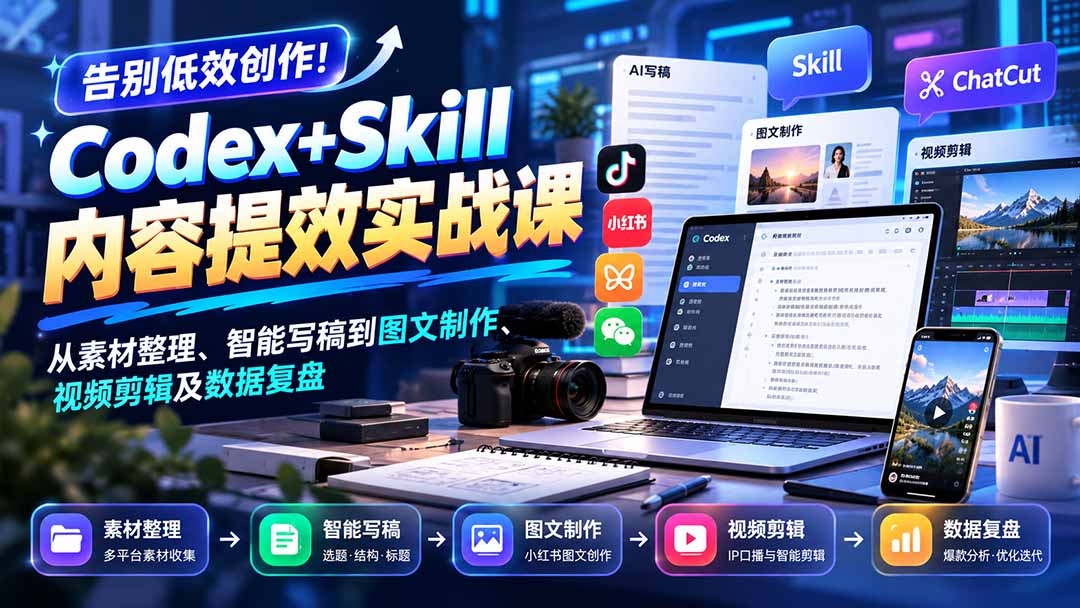 【无水印】告别低效创作!Codex+Skill内容提效实战课:从素材整理、智能写稿到图文制作、视频剪辑及数据复盘-泱泱学习社