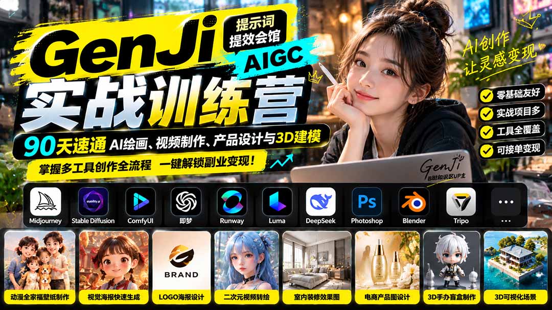 GenJi AIGC实战训练营：90天速通AI绘画、视频制作、产品设计与3D建模，掌握多工具创作全流程-泱泱学习社
