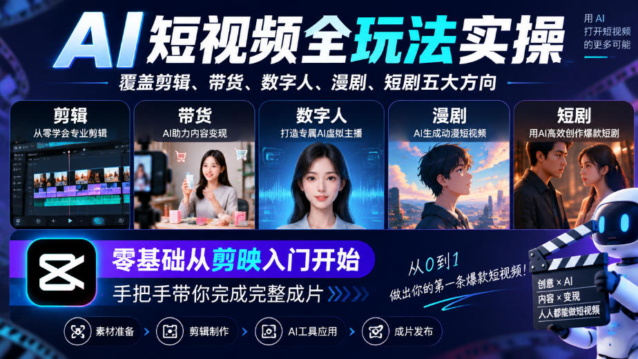 AI短视频全玩法实操，覆盖剪辑、带货、数字人、漫剧、短剧五大方向，零基础从剪映入门开始，手把手带你完成完整成片-泱泱学习社