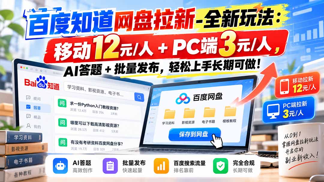 百度知道网盘拉新-全新玩法:移动12元/人+PC端3元/人,AI答题+批量发布,轻松上手长期可做!-泱泱学习社