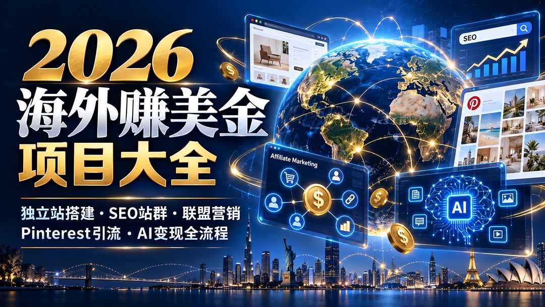 2026海外赚美金项目大全:独立站搭建、SEO站群、联盟营销、Pinterest引流与AI变现全流程-泱泱学习社