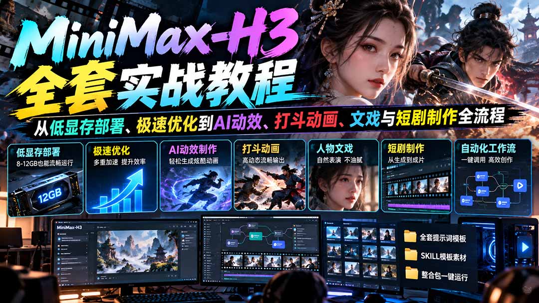 MiniMax-H3全套实战教程:从低显存部署、极速优化到AI动效、打斗动画、文戏与短剧制作全流程-泱泱学习社
