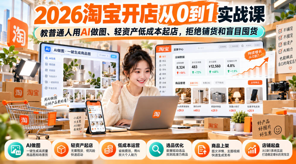2026淘宝开店从0到1实战课，教普通人用AI做图、轻资产低成本起店，拒绝铺货和盲目囤货-泱泱学习社