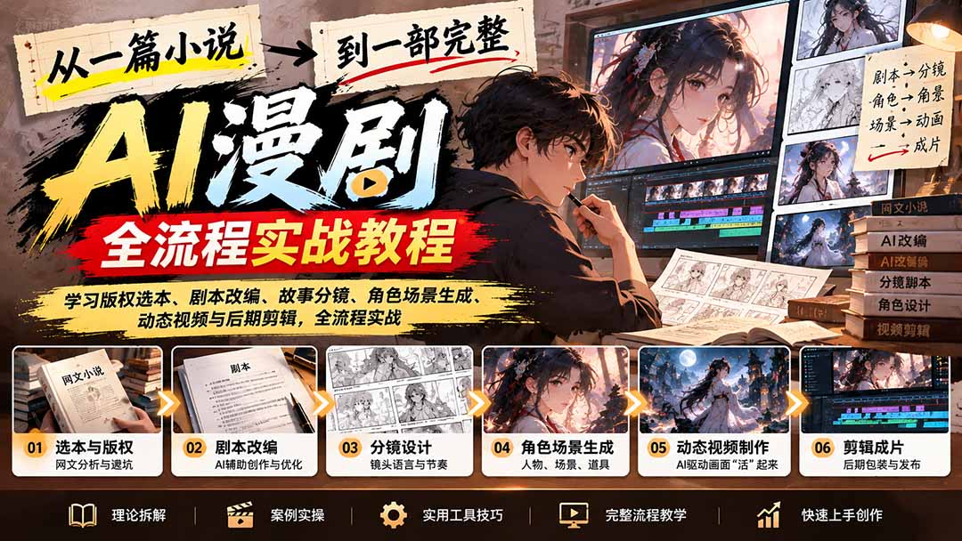 从一篇小说到一部完整AI漫剧:学习版权选本、剧本改编、故事分镜、角色场景生成、动态视频与后期剪辑-泱泱学习社