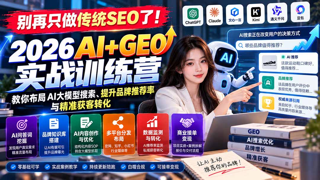 别再只做传统SEO了!《2026AI+GEO实战训练营》教你布局AI大模型搜索、提升品牌推荐率与精准获客转化-泱泱学习社