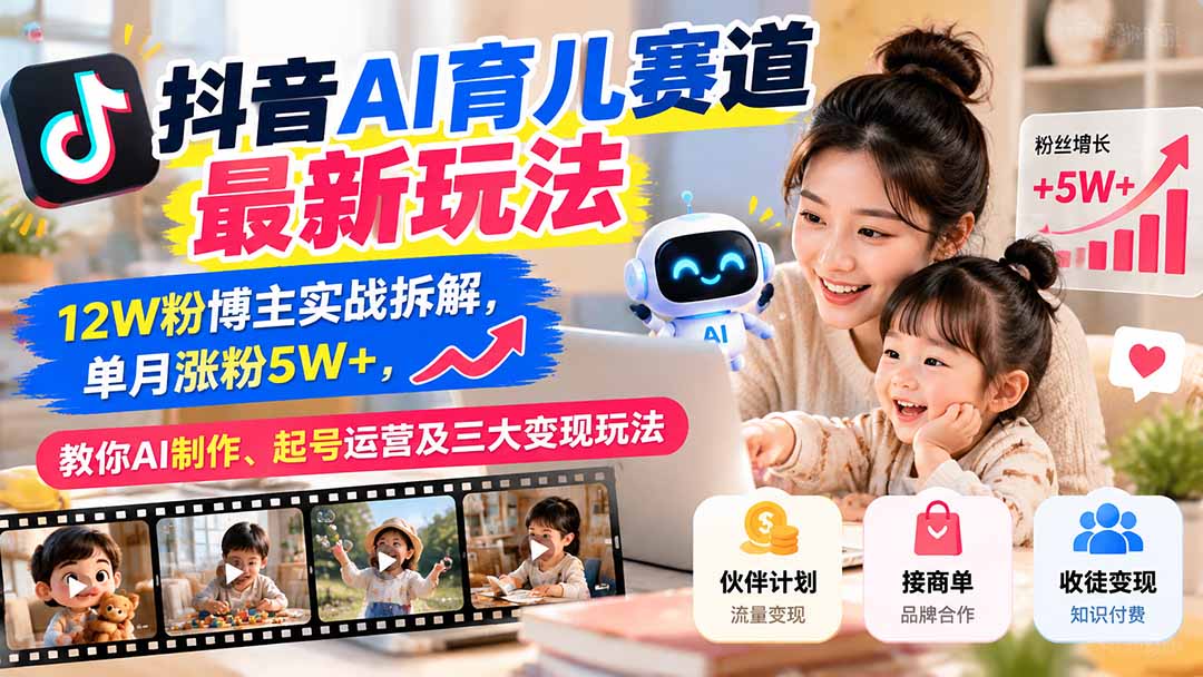 抖音AI育儿赛道最新玩法：12W粉博主实战拆解，单月涨粉5W+，教你AI制作、起号运营及三大变现玩法-泱泱学习社