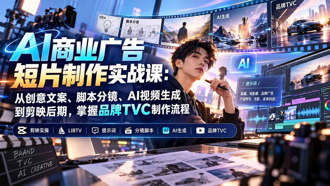 AI商业广告短片制作实战课：从创意文案、脚本分镜、AI视频生成到剪映后期，掌握品牌TVC制作流程-泱泱学习社