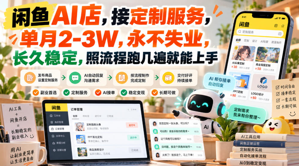 闲鱼AI店，接定制服务，单月2-3W，永不失业，长久稳定，照流程跑几遍就能上手-泱泱学习社