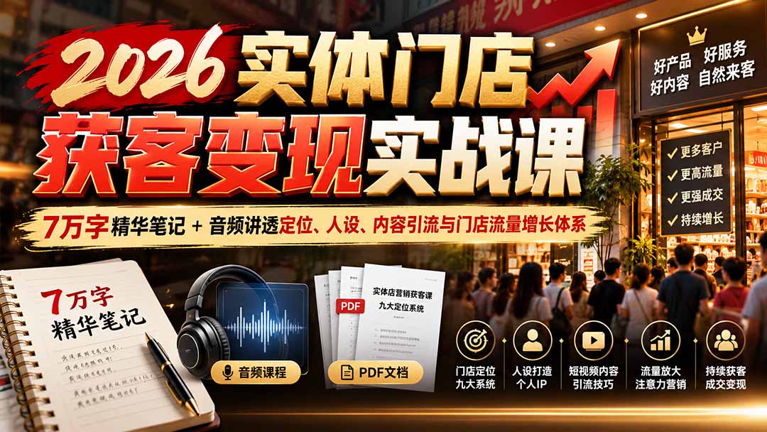 2026实体门店获客变现实战课:7万字精华笔记+音频讲透定位、人设、内容引流与门店流量增长体系-泱泱学习社