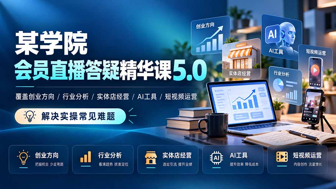 某学院会员直播答疑精华课5.0：覆盖创业方向、行业分析、实体店经营、AI工具和短视频运营，解决实操常见难题！-泱泱学习社