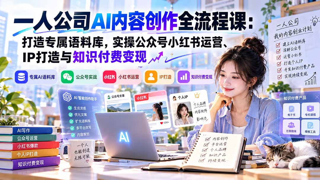 一人公司AI内容创作全流程课：打造专属语料库，实操公众号小红书运营、IP打造与知识付费变现方法论-泱泱学习社