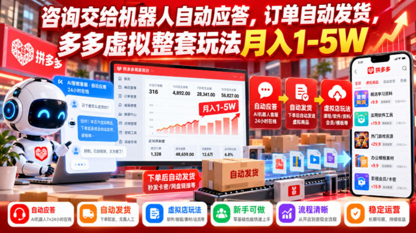 咨询交给机器人自动应答,订单自动发货,多多虚拟整套玩法月入1-5W【揭秘】-泱泱学习社