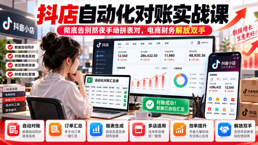 抖店自动化对账实战课，彻底告别熬夜手动拼表对，账电商财务解放双手-泱泱学习社